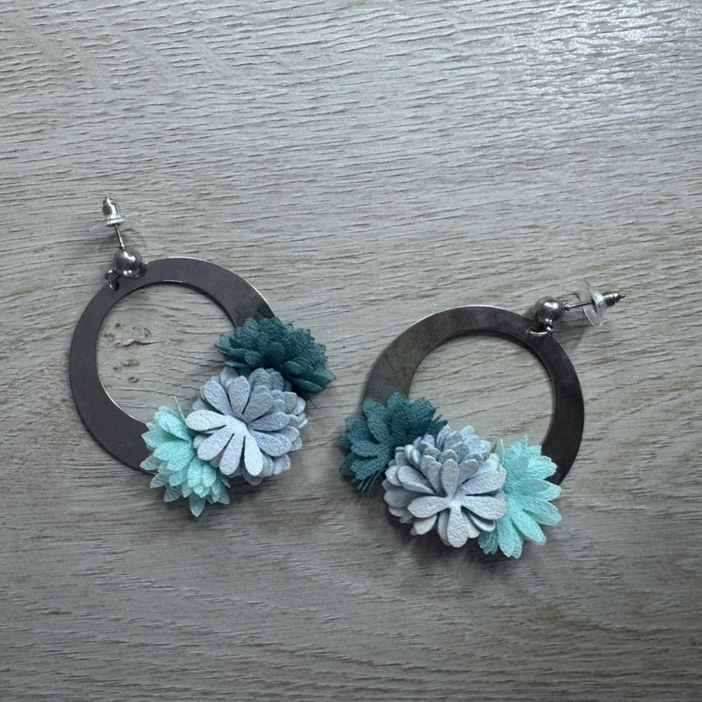 Floral Hoop Drop Earrings in Teal, Mint & Gray